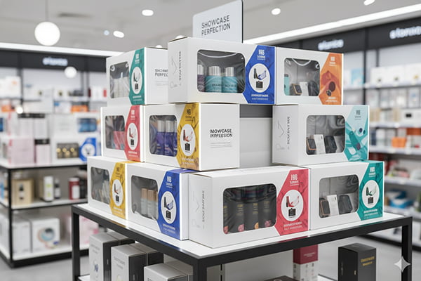 Retail display boxes with window panels and easy assembly