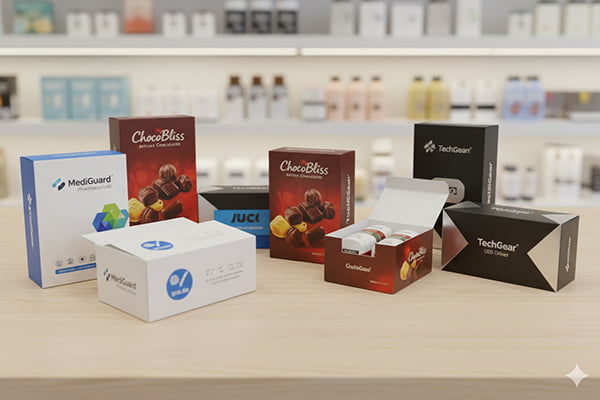 Versatile tuck boxes with easy assembly and secure closure system